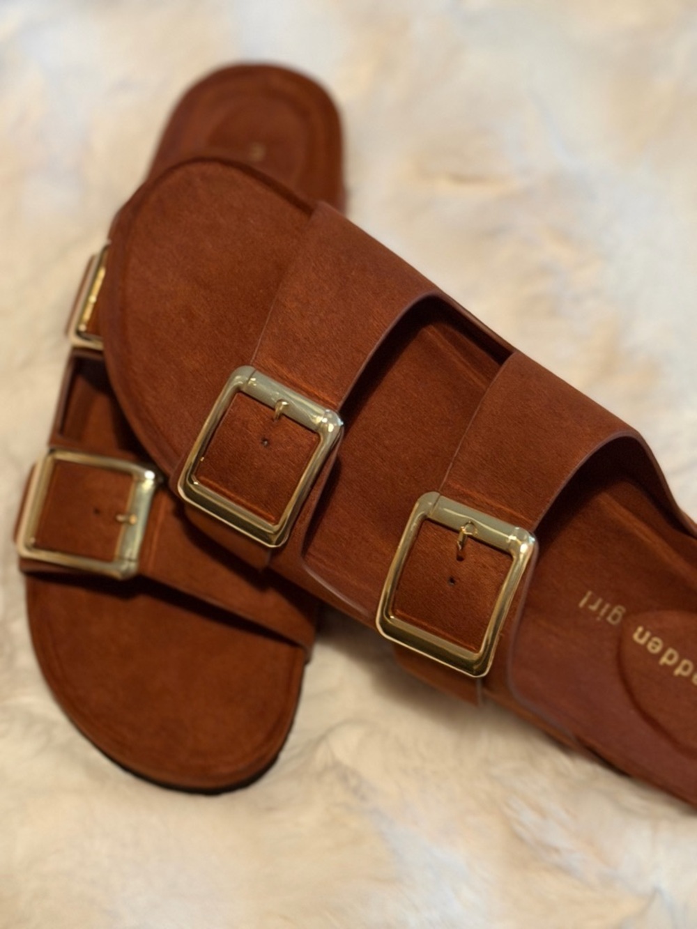 Madden Girl Tan Double Buckle Slide Sandals Size 11 NWOB